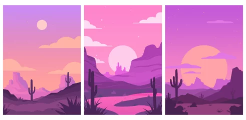 Fotobehang Set of desert landscapes with cacti, cloud, moon. Beautiful scenery vector graphic for travel poster in retro style. For poster, card, banner, cloth design ideas. Sunset in canyon. Hand drawn. © Meowcher24