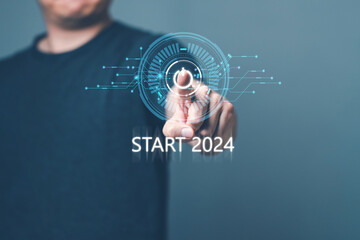 Man point to computer user interfaces. 2024 trend, Plan to accelerate enterprise market growth and expansion, Concept start 2024 Business Planning and goal, New Technology. - obrazy, fototapety, plakaty
