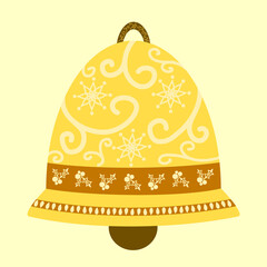 Christmas bell with beautiful light yellow pattern. Vector illustration, line, holly, Snowflake, ice drop.