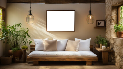 A mockup photo frame hangs on an empty wall in a living room.