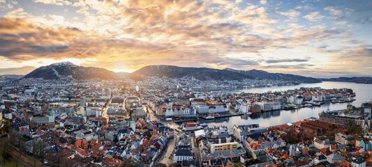 Beautiful panoramic winter sunrise view of the cityscape of Bergen, Norway, Scandinavia