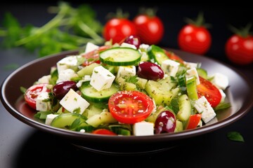 Salad With Feta Cheese And Green Olives. Сoncept Greek Salad, Mediterranean Cuisine, Healthy Eating, Feta Cheese Recipes, Olive Recipes