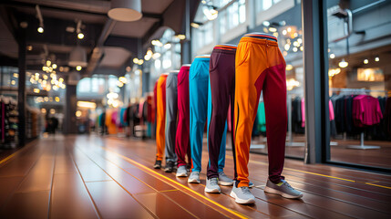 Colorful jogger pants in a sport shop - obrazy, fototapety, plakaty