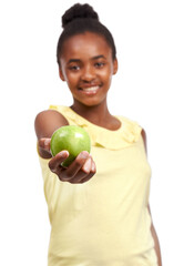 Offer, health and portrait of girl and apple in studio for nutrition, wellness and diet. Food, self care and vitamin c with face of African child and fruit on white background for fiber and balance