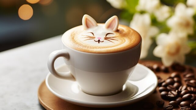 A Cute Cat Face on a Cup of Coffee. A cup of coffee with a cat face on top of it