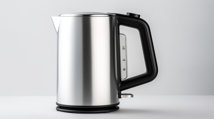a modern stainless steel kettle on a pristine white background.