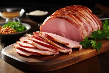 Traditional Ham With Honey Glaze, Sliced Thin. Сoncept Classic Side Dishes, Holiday Feast, Festive Table Settings - obrazy, fototapety, plakaty