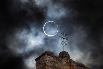 Detail of the Annular Eclipse in 2023 at Mission Espada- San Antonio Missions National Historical Park in San Texas
