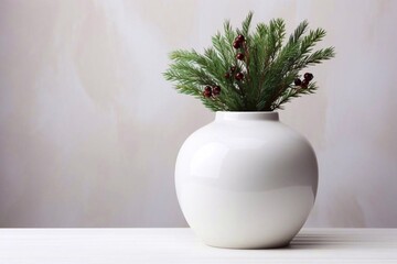 Christmas, New Year home decor. Empty white wall mock up with green fir branches in a vase 