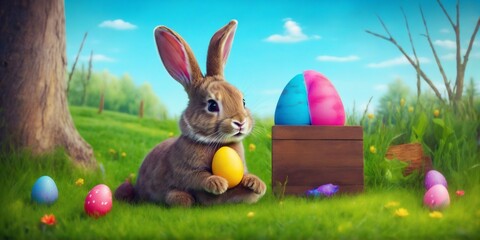 Easter bunny with a Wooden board