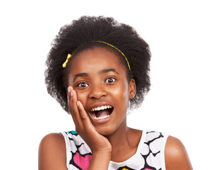 Surprise, portrait and young black girl in a studio with wow, wtf or omg facial expression for good news. Sweet, excited and headshot of African teenager with shock face isolated by white background.