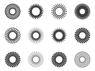 Spiral and swirl motion twisting circles design element set.