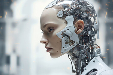 Female android face on techno background. Artificial intelligence concept. Beaytiful futuristic robot head.