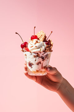 hand holding ice cream sundae with cherry on top isolated on pink plain wall studio background, bright summer sunlight shadows