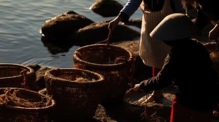 A coastal community gathering seaweed during low tide, with baskets full of the day's harvest - obrazy, fototapety, plakaty