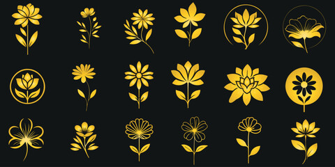 Golden flower icons vector set, isolated on dark background. Elegant, modern floral symbols, design elements for luxury branding, wedding invitations, decor. Nature-inspired art 