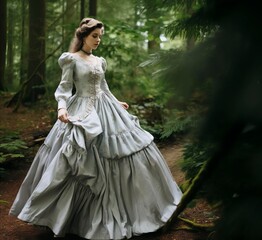 Obraz na płótnie Canvas Beautiful young woman in Victorian era dress walking through woodland