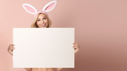 Beautiful young model holding a large blank sign with plenty of room for copy and text - Powered by Adobe