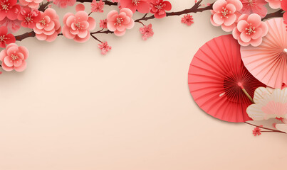 Chinese New Year celebration background with red paper fans and  paper peach flowers.