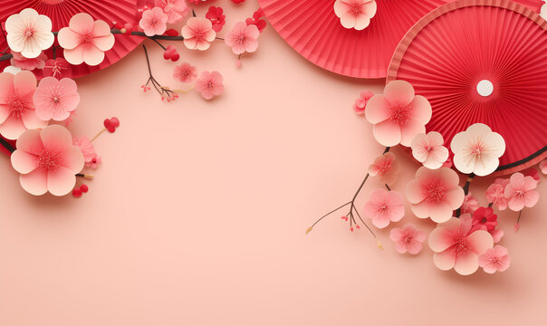 Chinese New Year celebration background with red paper fans and  paper peach flowers.