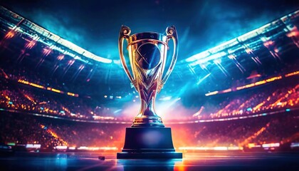 World championship winner cup trophy at sports stadium empty background. Dark night evening stylish neon lights, center or midfield. Panorama with copy space. - obrazy, fototapety, plakaty