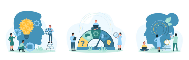 Soft business skills set vector illustration. Cartoon tiny people improve problem solving and social communication ability, critical thinking and adaptation quality of light bulb ideas of person