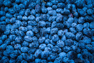 Pile of blue plum fruit on a market stall, texture