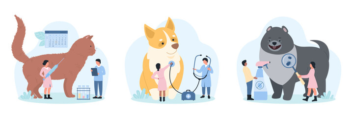 Veterinarian appointment at vet clinic set vector illustration. Cartoon tiny doctors with stethoscope and magnifying glass check heart and skin health of dog or cat, vaccine pet in veterinary hospital