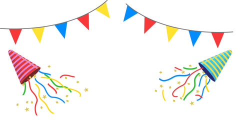 Festive flag garlands,party popper with colorful confetti and ribbons for carnival, birthday, anniversary. Vector illustration