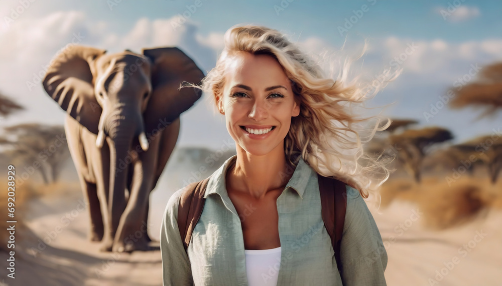 Wall mural woman tourist on safari in africa watching large elephant in the savannah. national park serengeti. 