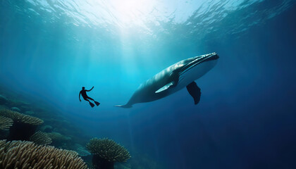 Gray whale underwater approaching a scuba diver in the deep blue sea waters. Panorama with copy space. - obrazy, fototapety, plakaty