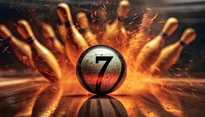 Bowling strike hit on fire explosion background. Concept of success and win. Bowling ball number seven 7 on the track. Panorama with copy space.