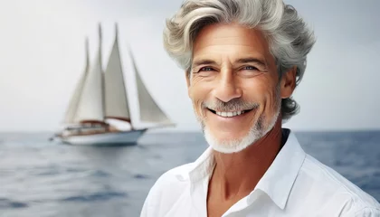  Successful senior businessman on vacation in front of floating yacht sailboat in sea. Concept of wealth and health in old retirement age. Panorama with copy space. © Juri_Tichonow