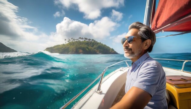 Relaxed successful middle aged man on vacation on his own yacht sailboat in sea. Tourist travels worldwide. Concept of wealth and health. Panorama with copy space.