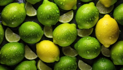 Fresh ripe green limes background. Whole lemons lie in one layer of flat surface. Wet washed fruits...