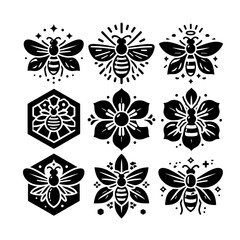 set of bee and flower icon logo designs