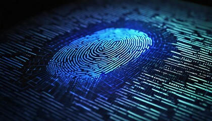 Fingerprint scanning and searching identity check on blue cyber hi-tech background, technology and safety concept. ID scanner of the digits of the matrix. Panorama with copy space.