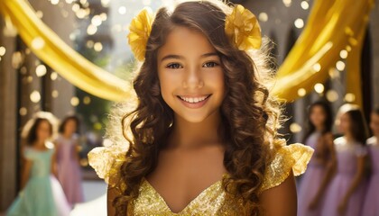 Obraz na płótnie Canvas Mexican teenage girl wearing golden quinceanera dress celebrates her 15th birthday. It marks the transition from childhood to young womanhood. Panorama with copy space.