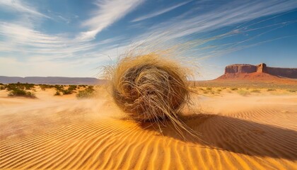 Tumbleweed rolling in desert sand dunes. Made of roofs of the plants. Symbol of desolation and empty expanses, unknown destinations, mysterious, moving across the land at the mercy of the winds.