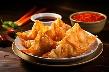 Crispy Chicken wontons, vegetable spring rolls and prawn toasts with sweet chilli sauce. chinese selection. fast food