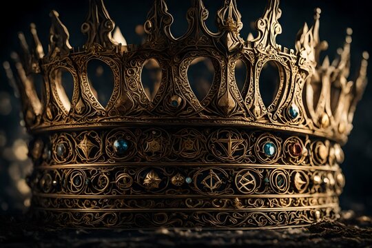 The intricate details of a king's crown from a fantasy realm, featuring mythical symbols and magical elements in a captivating close-up. 