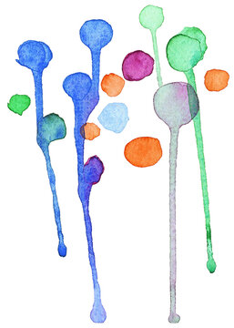 The painting is full of bright colors that look like lively drops and streams. The picture has colorful watercolor splashes with drips.