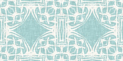 Aqua teal blue white vibrant watercolor batik azulejos tile border banner background. Seamless coastal blur linen effect geometric mosaic effect.Boho Patchwork nautical masculine summer ribbon trim. 