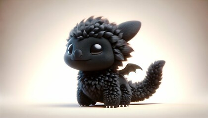 Cute black baby dragon. Cartoon fluffy dragon character. Funny Fantasy monster with wings and big eyes. Fairy-tale hero. Children book. Illustration of tales. Toy design. Print. Copy space. Isolated
