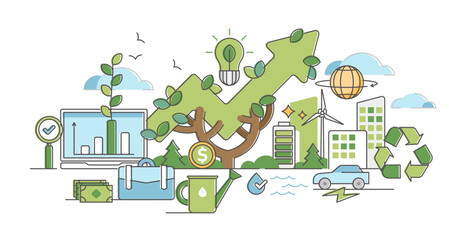 Green business and sustainable energy outline concept illustration, transparent background. Alternative renewable solar or wind electricity strategy for corporate development and growth.