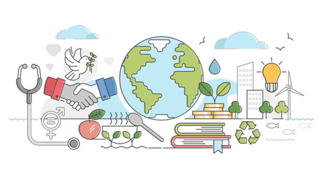 Sustainable nature friendly development outline concept illustration, transparent background. Symbolic visualization with natural environment, sufficient economy or smart energy source.