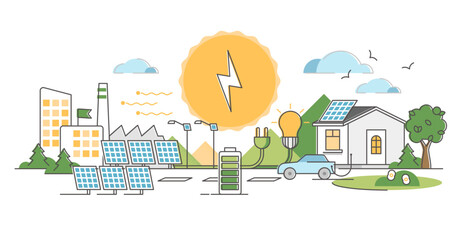 Solar power illustration, transparent background.Alternative light energy outline concept.Renewable green electricity for car battery, industry 4.0 and street lamps. © VectorMine