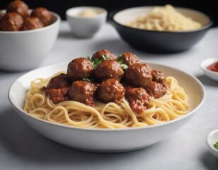 A plate of pasta with meatballs on a white table. Generative AI
