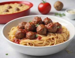 A plate of pasta with meatballs on a white table. Generative AI