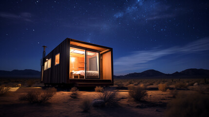Small cabin in the desert under the starry night sky, the tiny home concept